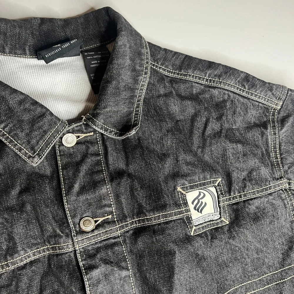 Rocawear Denim Jacket XL Black Jean Coat Hip Hop Streetwear Y2K 90s Style